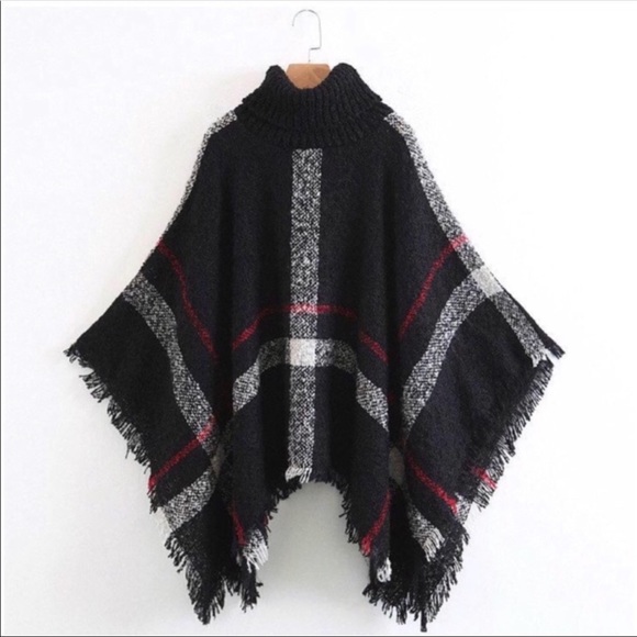 LAST 1! Black Plaid Stripe Turtleneck Poncho - Picture 3 of 3